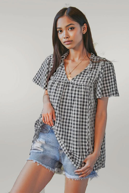 Gingham V Neck Plaid Loose Drawstring Blouse Black