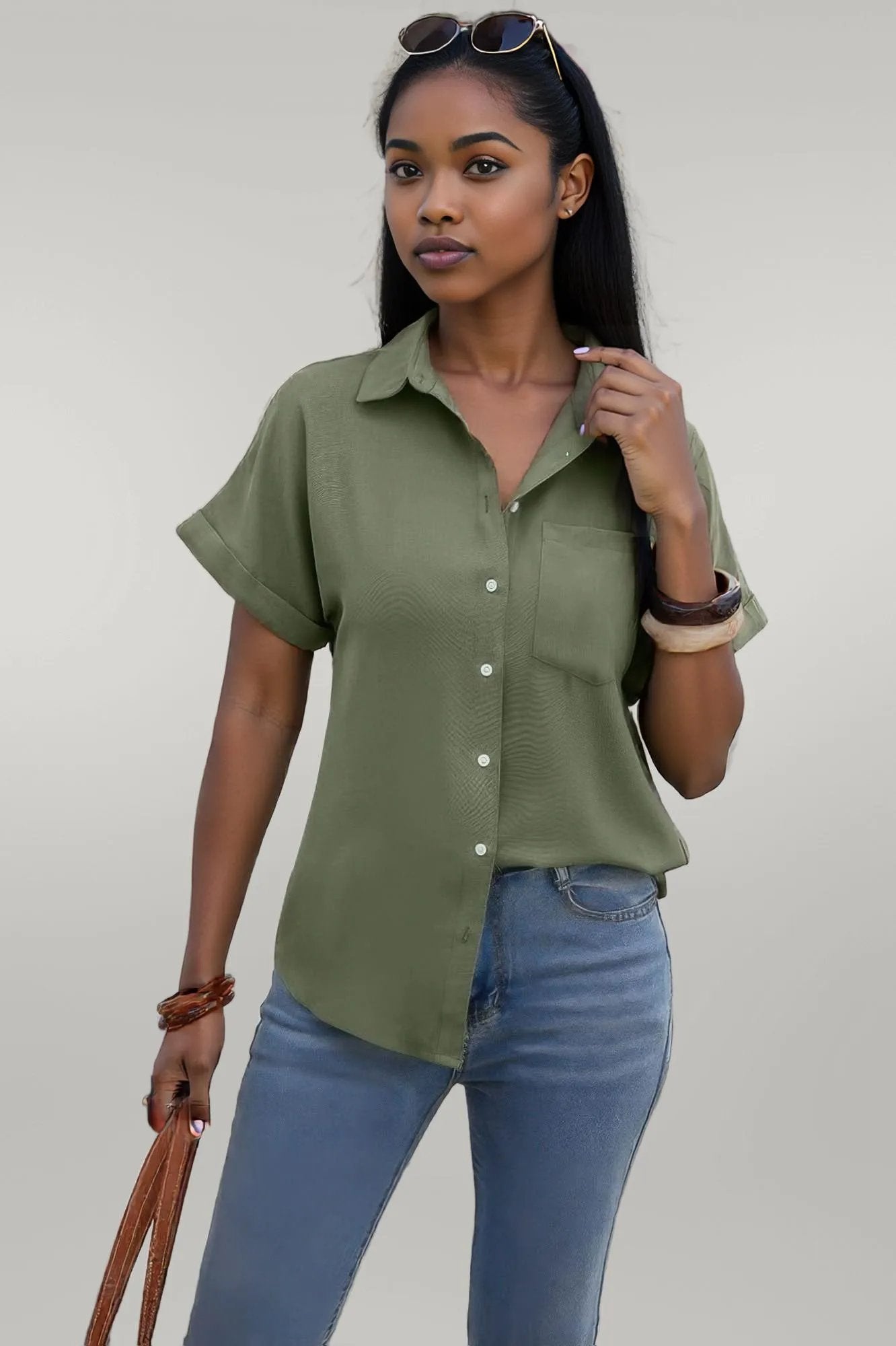 Solid Short Sleeve V Neck Button Down Tunic Shirt Olive