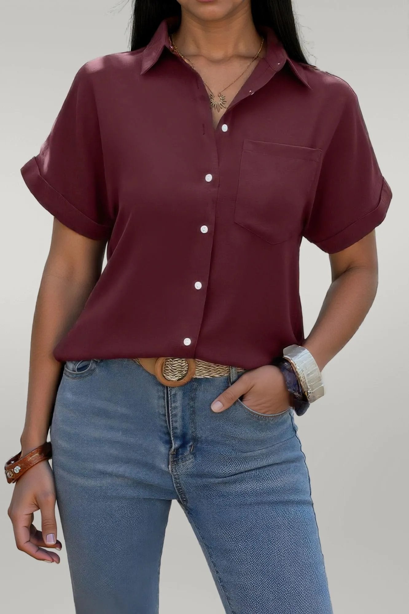 Solid Short Sleeve V Neck Button Down Tunic Shirt Wine
