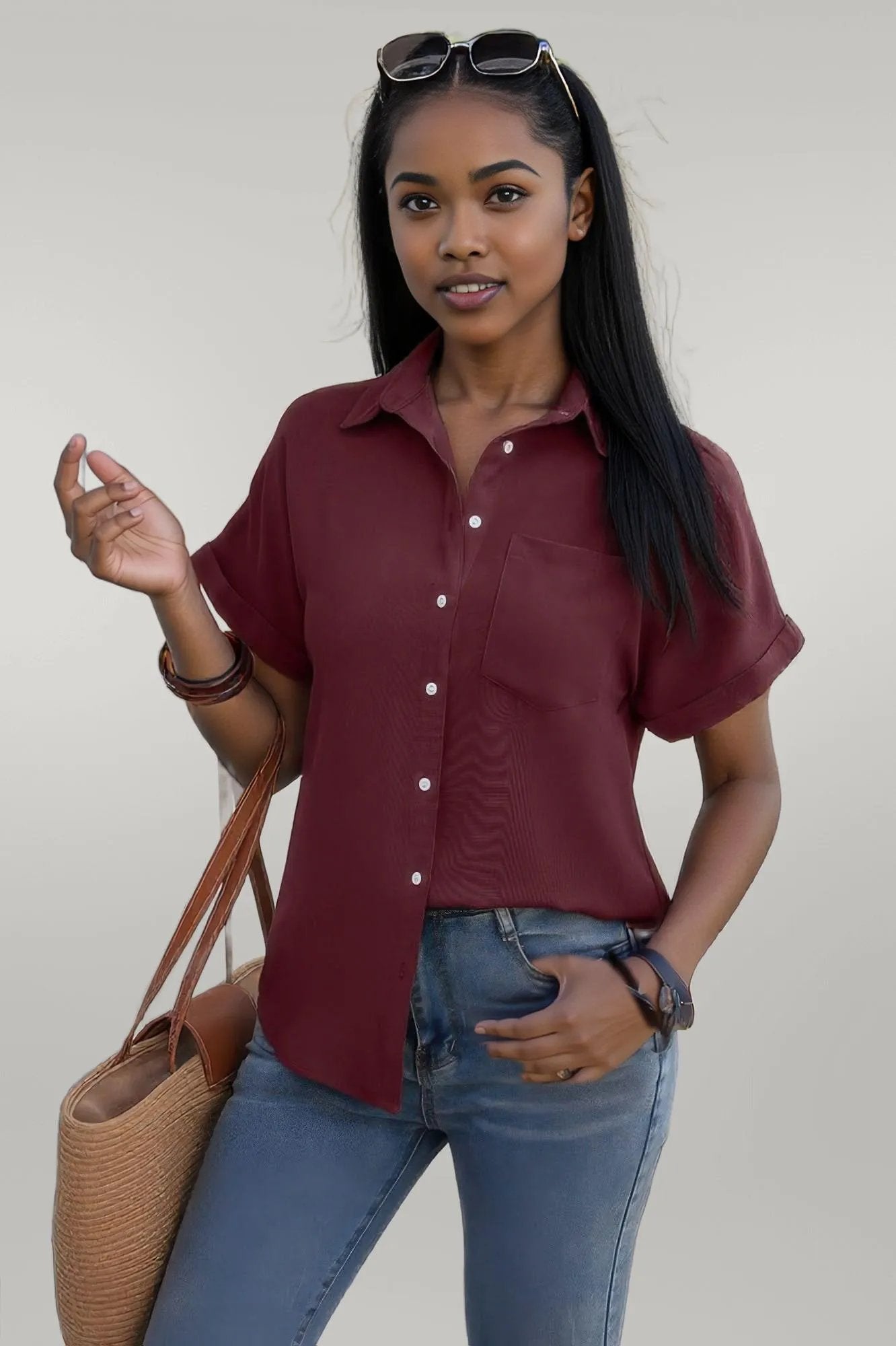 Solid Short Sleeve V Neck Button Down Tunic Shirt