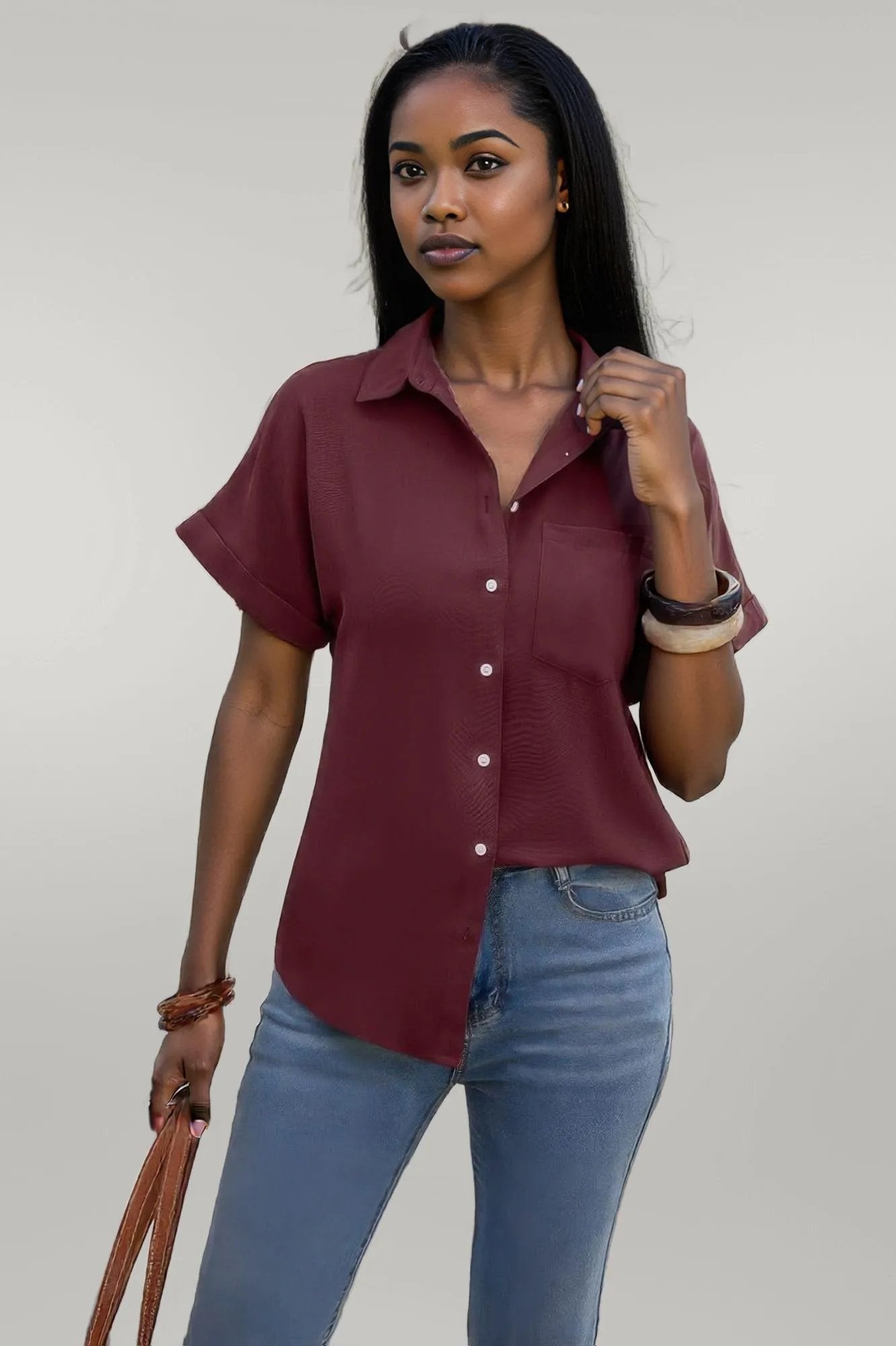 Solid Short Sleeve V Neck Button Down Tunic Shirt