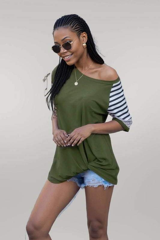 Round Neck Twist Front Color Block Shirt Olive Stripe Leopard