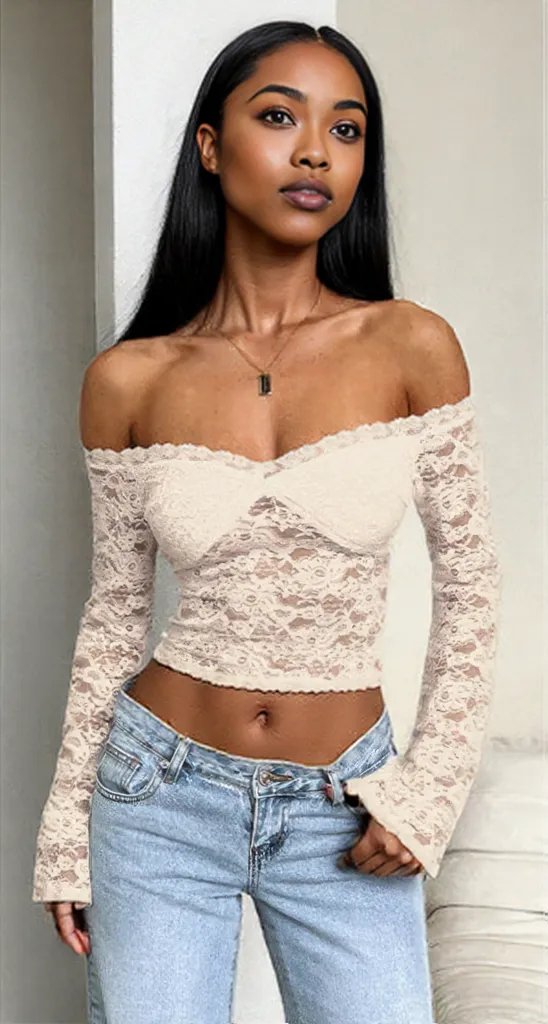 Off Shoulder Fitted Sheer Lace Long Sleeve Top Beige