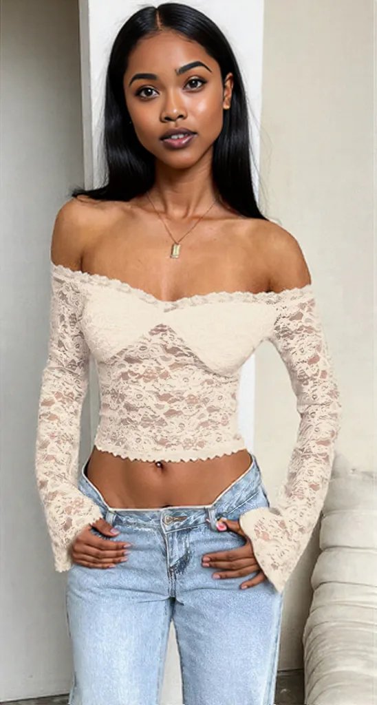 Off Shoulder Fitted Sheer Lace Long Sleeve Top