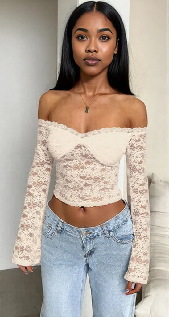 Off Shoulder Fitted Sheer Lace Long Sleeve Top