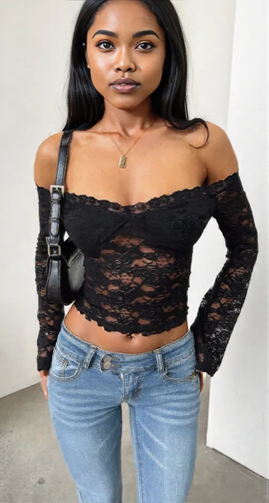 Off Shoulder Fitted Sheer Lace Long Sleeve Top