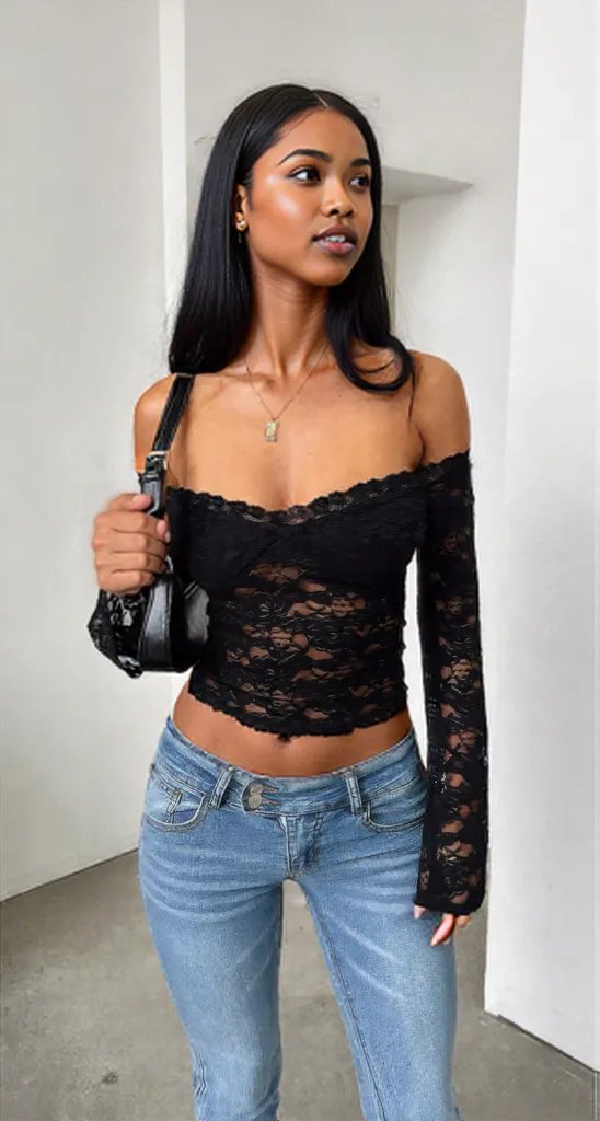 Off Shoulder Fitted Sheer Lace Long Sleeve Top