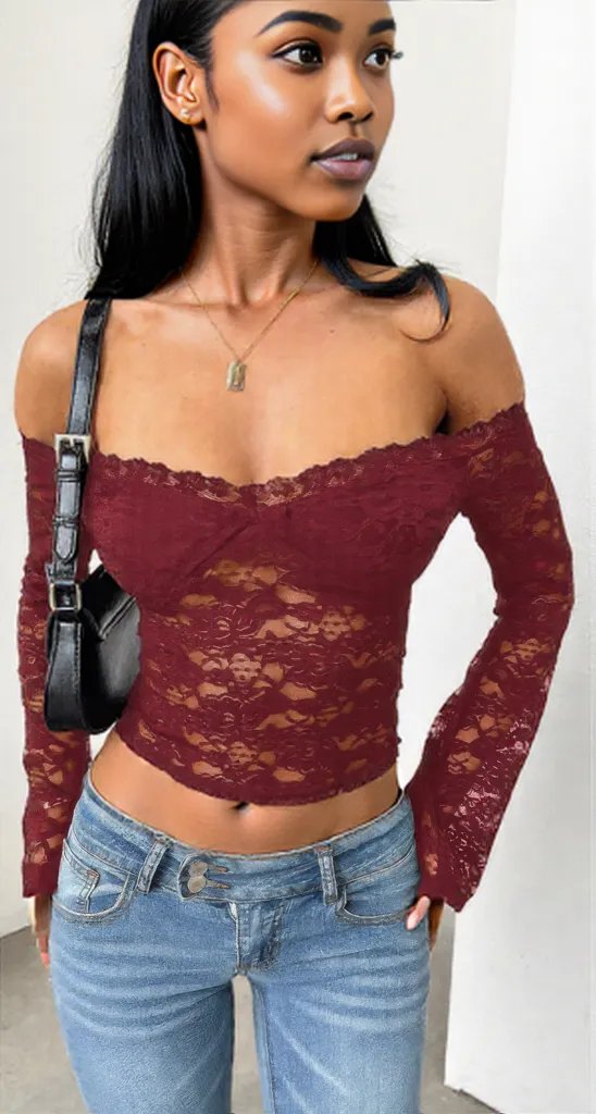 Off Shoulder Fitted Sheer Lace Long Sleeve Top Wine