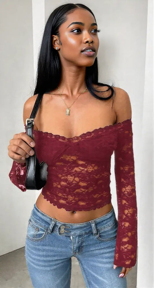 Off Shoulder Fitted Sheer Lace Long Sleeve Top