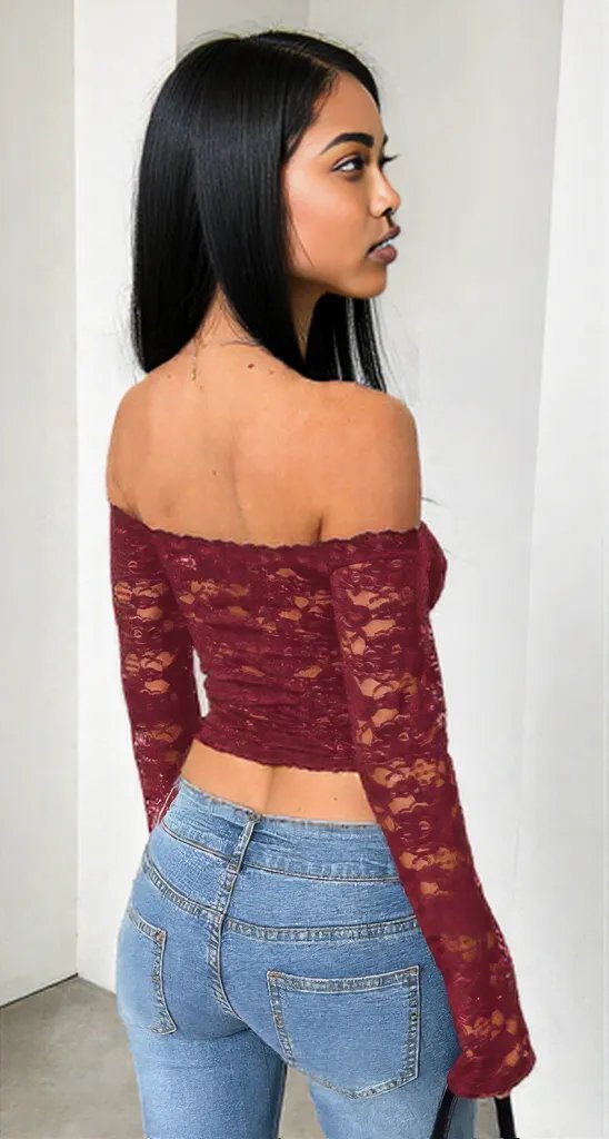 Off Shoulder Fitted Sheer Lace Long Sleeve Top