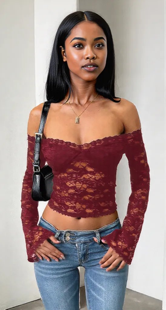 Off Shoulder Fitted Sheer Lace Long Sleeve Top