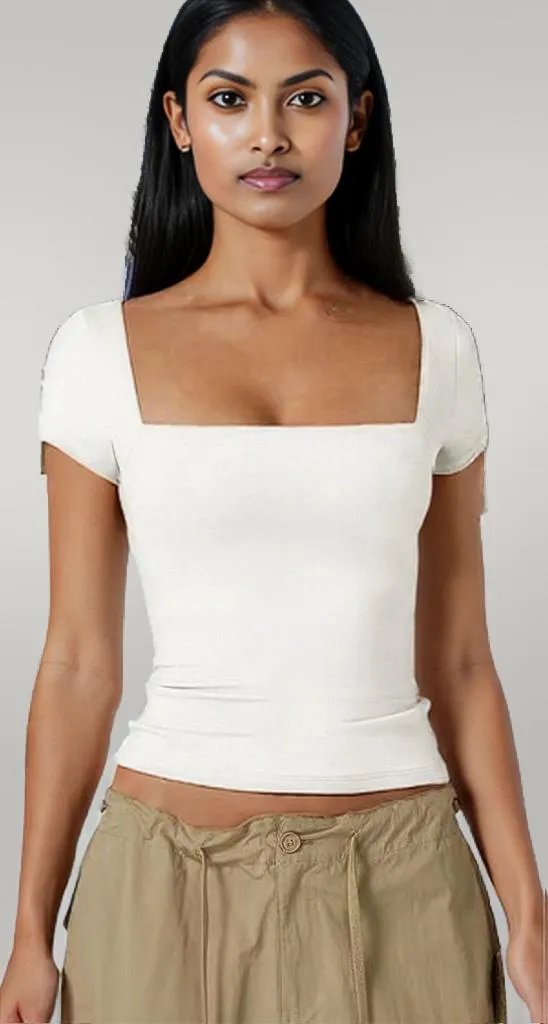 Square Neck Fit Elastic Short Sleeves Shirt