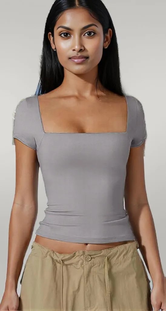 Square Neck Fit Elastic Short Sleeves Shirt