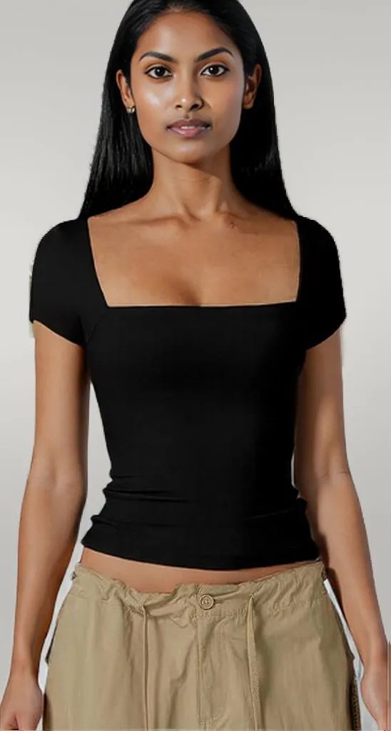Square Neck Fit Elastic Short Sleeves Shirt