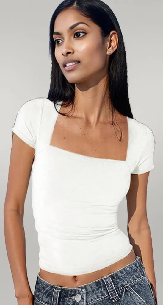 Square Neck Fit Elastic Short Sleeves Shirt White