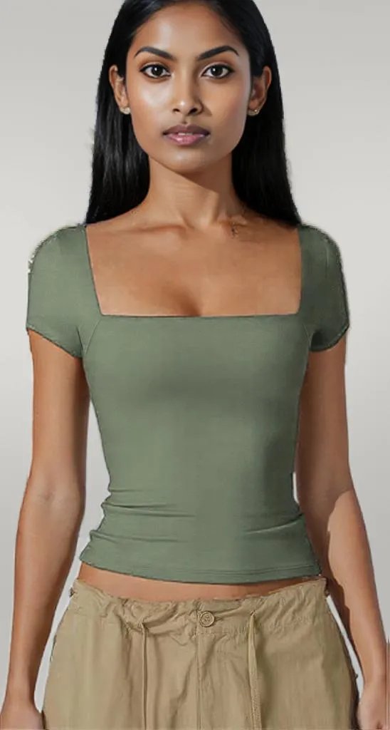 Square Neck Fit Elastic Short Sleeves Shirt Green