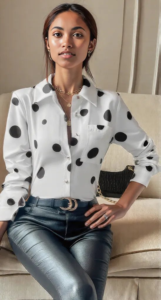 Dot Print Pocket Drop Shoulder Button Blouse