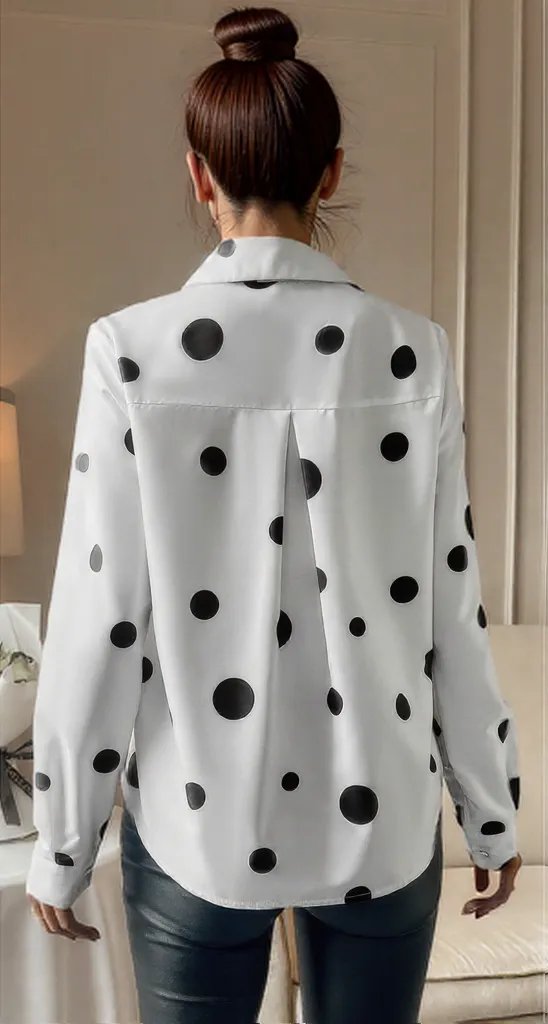 Dot Print Pocket Drop Shoulder Button Blouse