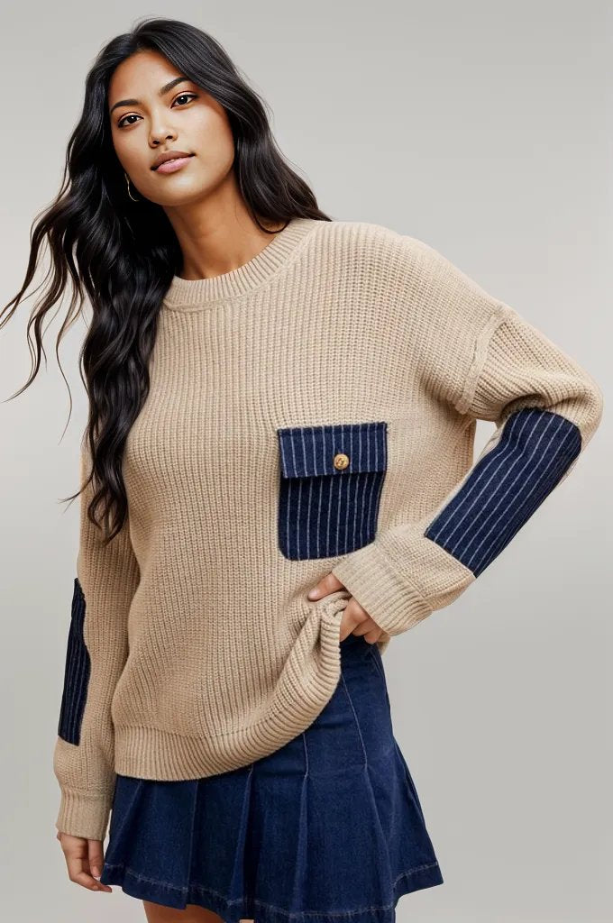 Annie Wear Contrast Round Neck Drop Shoulder Sweater with Patch Pocket