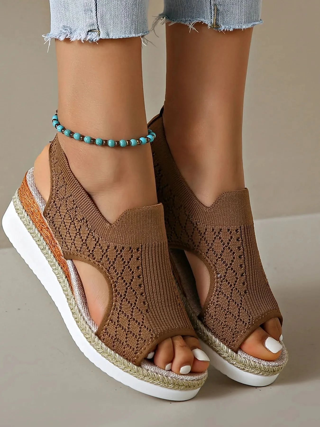 Open Toe Platform Wedge Sandals Brown