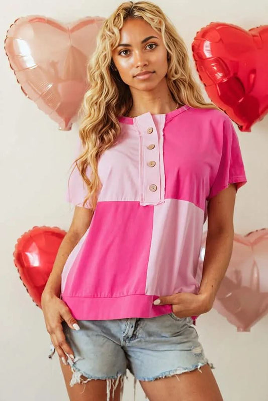 Pink Two Tone Half Buttons Collared T Shirt Pink 95%Cotton+5%Elastane