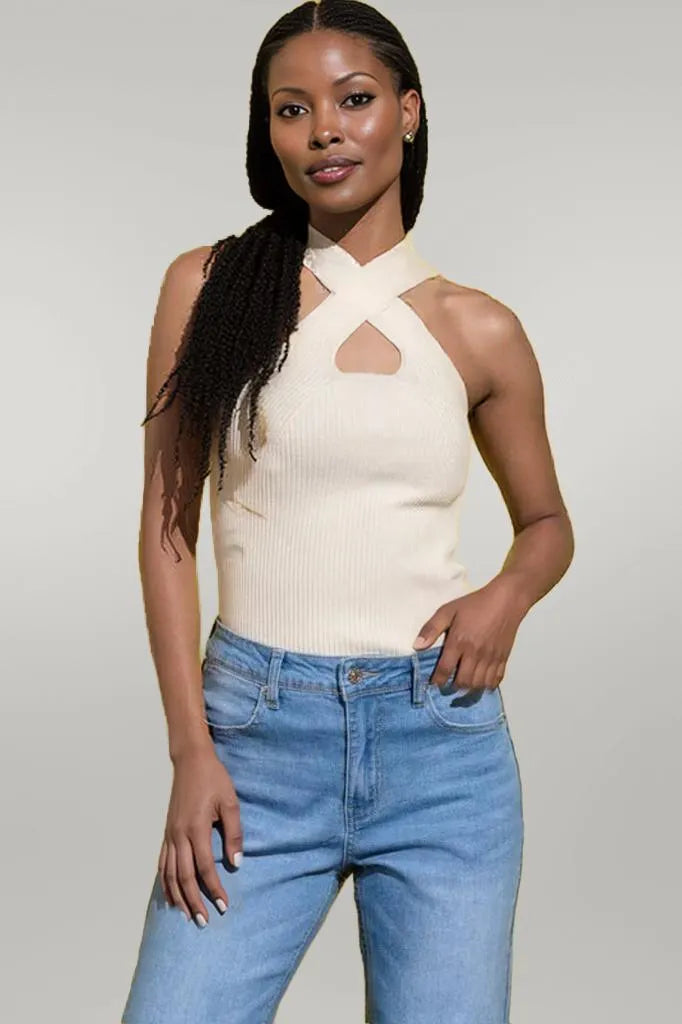 And The Why Basic Rib Cross Halter Neck Tank Top Ivory