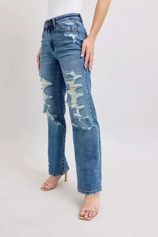 Judy Blue Full Size High Waist Heavy Destroy Straight Jeans MD