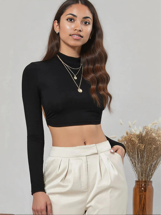 Backless Long Sleeve Cropped Mock Neck T-Shirt Black