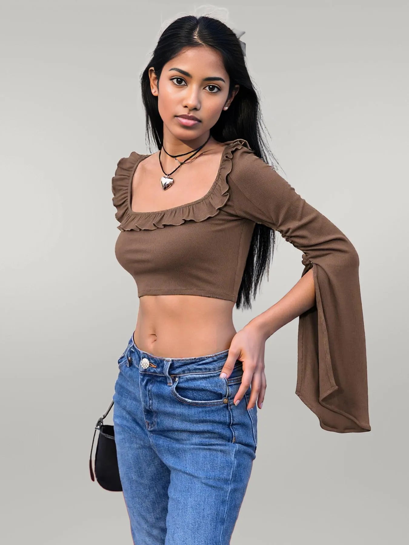 Ruffled Square Neck Long Sleeve Top