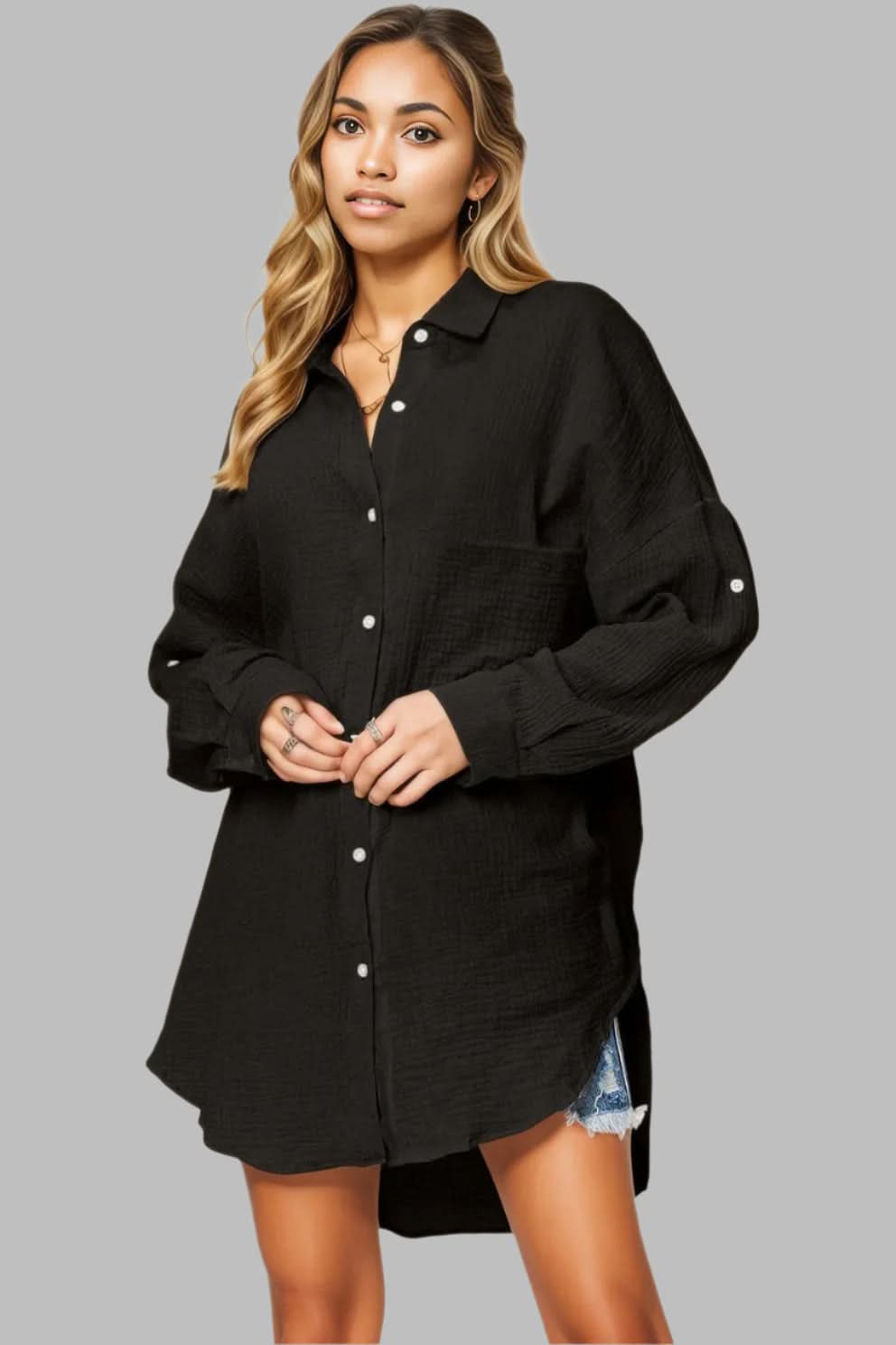 Double Take Full Size Pocketed Texture Button Up Shirt Black