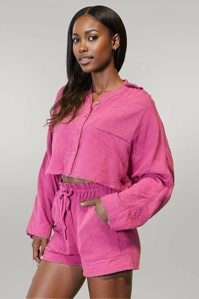 Basic Bae Buttoned Long Sleeve Top and Shorts Set