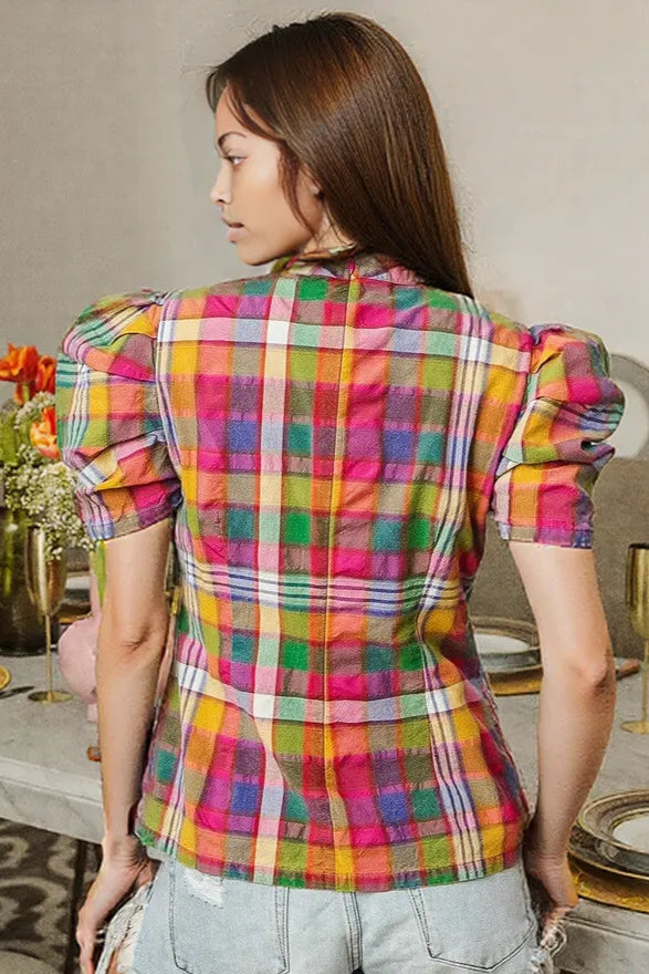 BiBi Short Puff Sleeve Washed Vintage Plaid Top