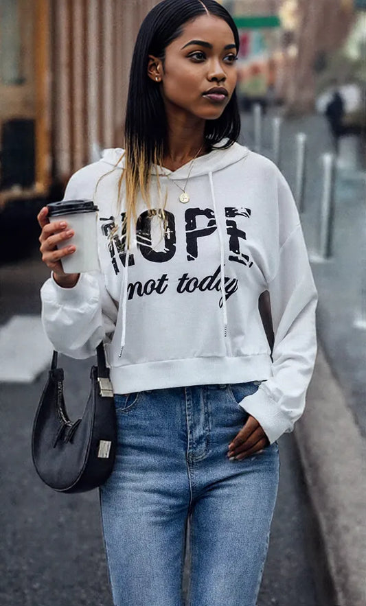 Letter Graphic Long Sleeve Drawstring Hoodie White
