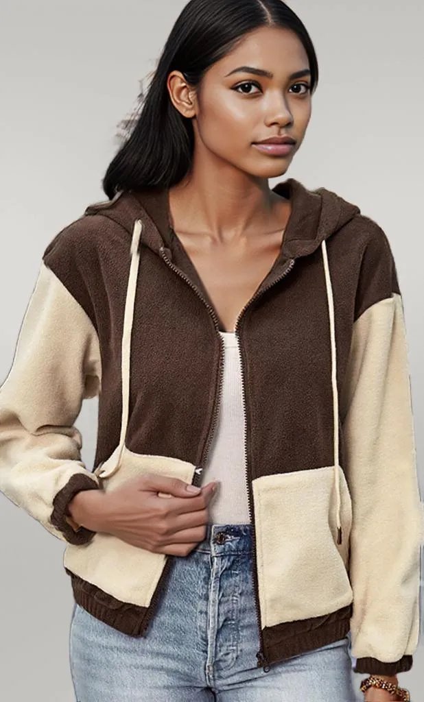 Perfee Two-Tone Zip-Up Dropped Shoulder Hooded Jacket
