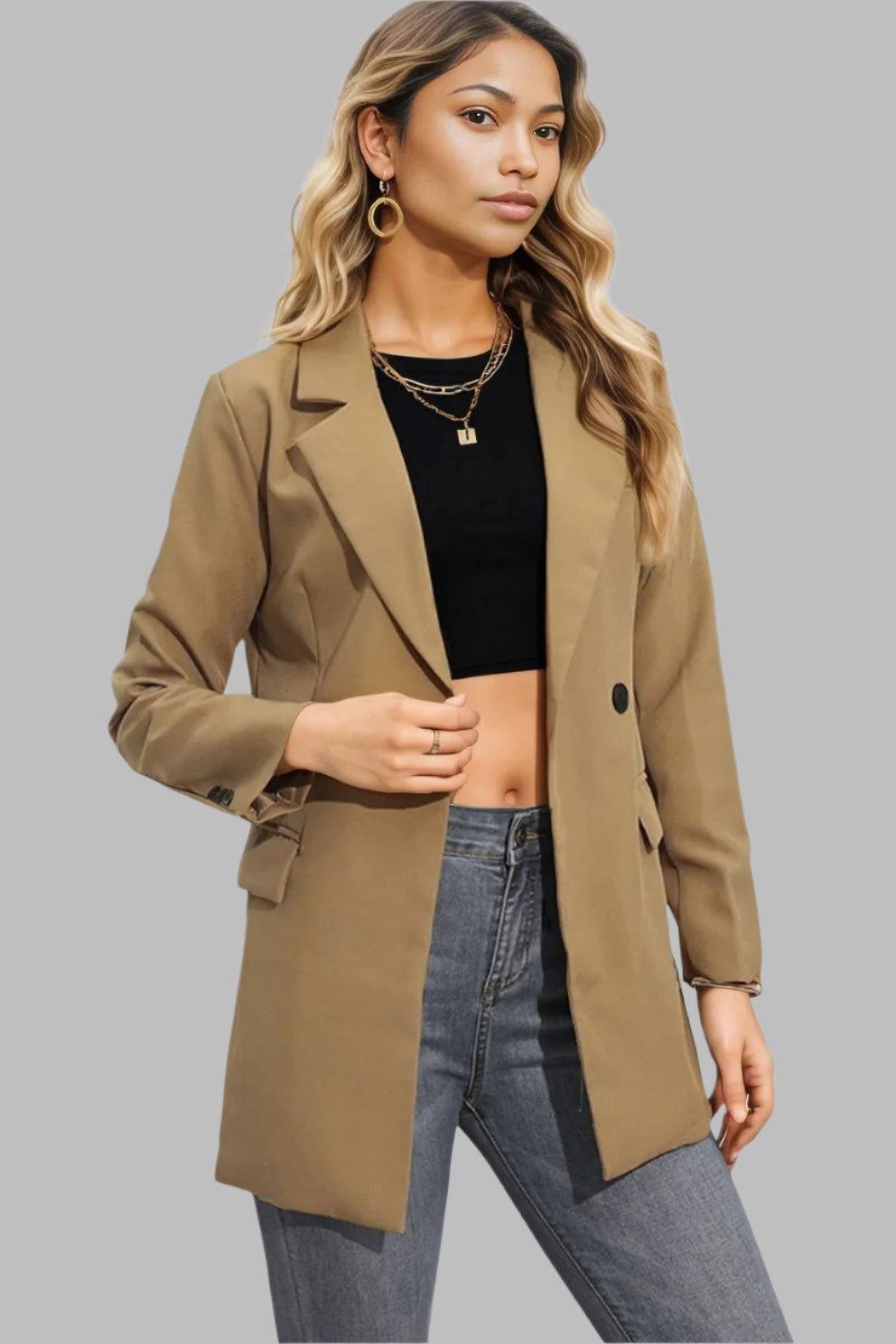 Lapel Neck Long Sleeve Blazer with Pockets