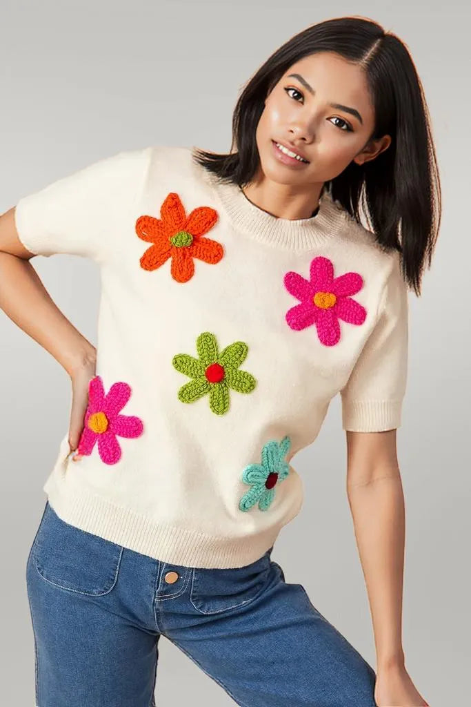 BiBi Crochet Flower Patch Sweater Top
