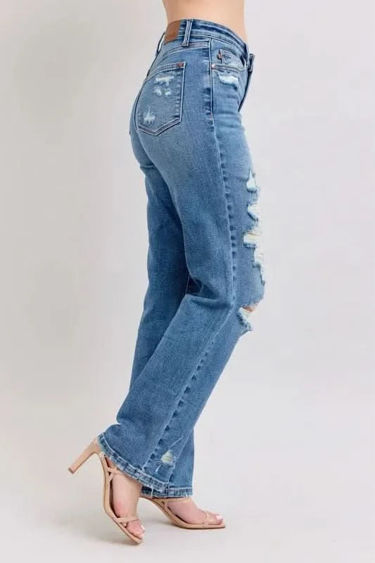 Judy Blue Full Size High Waist Heavy Destroy Straight Jeans MD