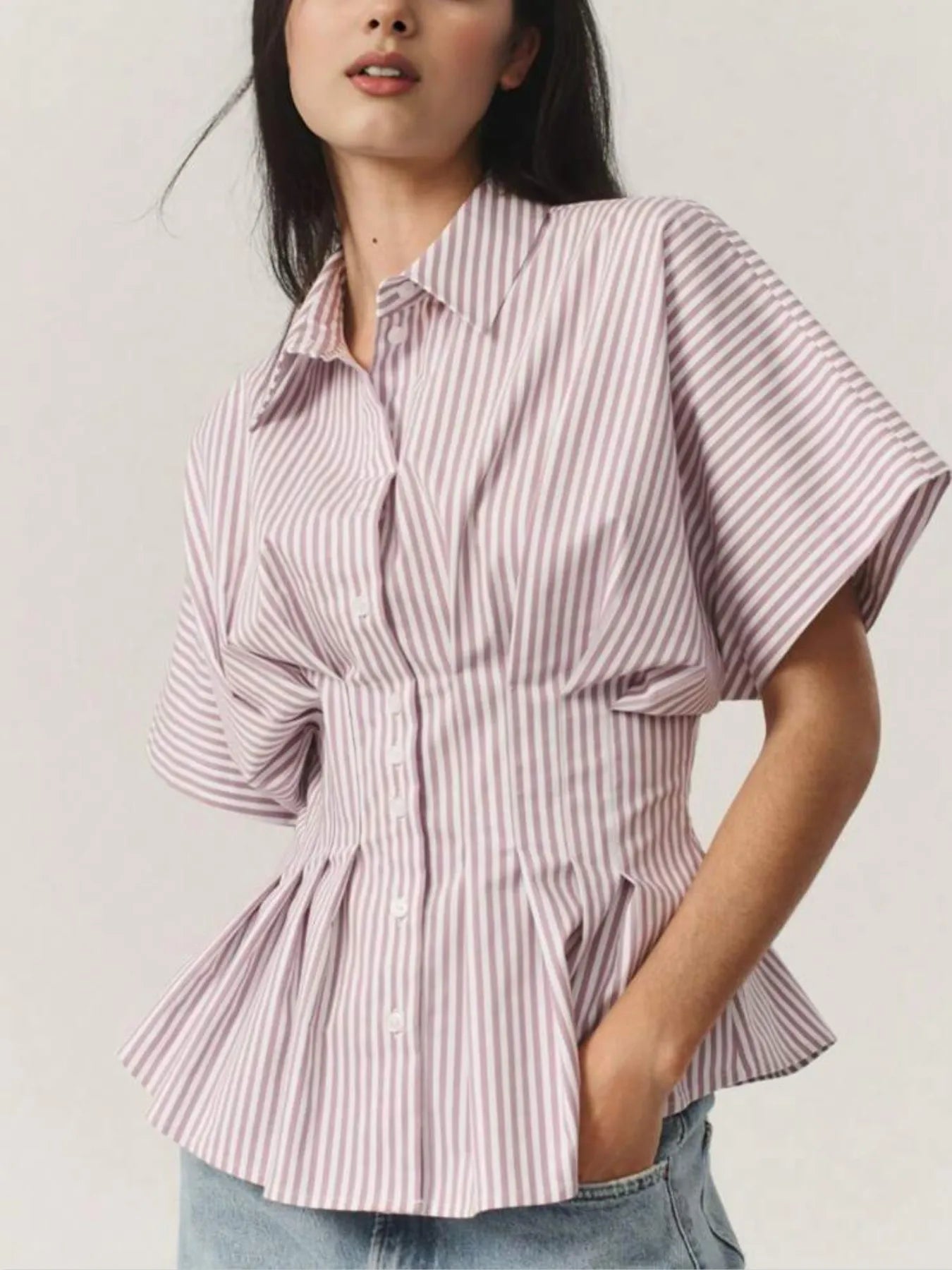 Striped Short Sleeve Button-Up Shirt Blush Pink