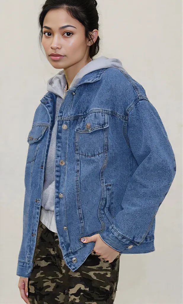 Button Up Collared Neck Long Sleeve Denim Jacket
