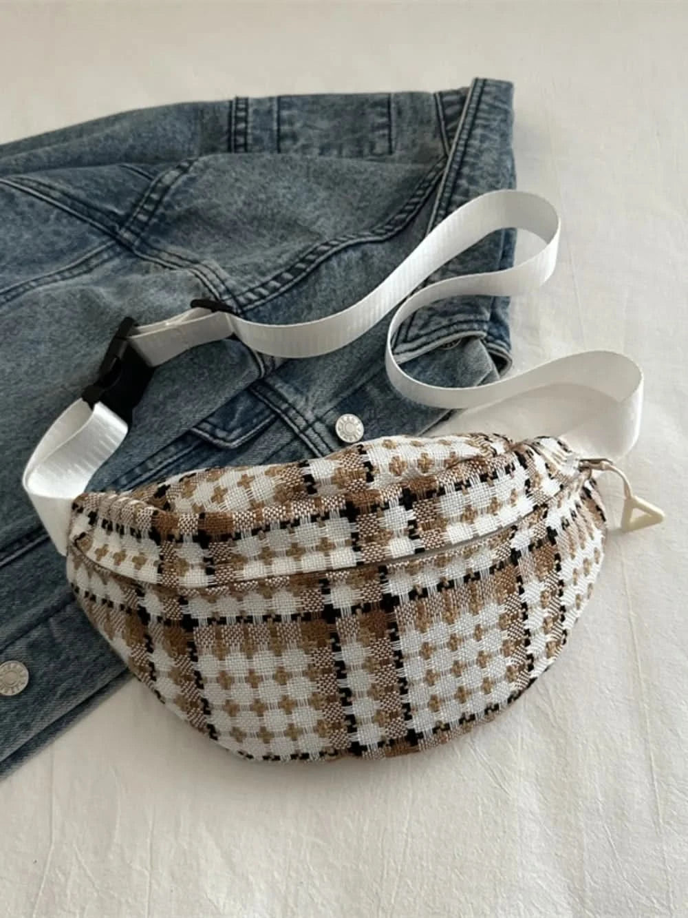 Plaid Wide Strap Crossbody Bag Khaki One Size