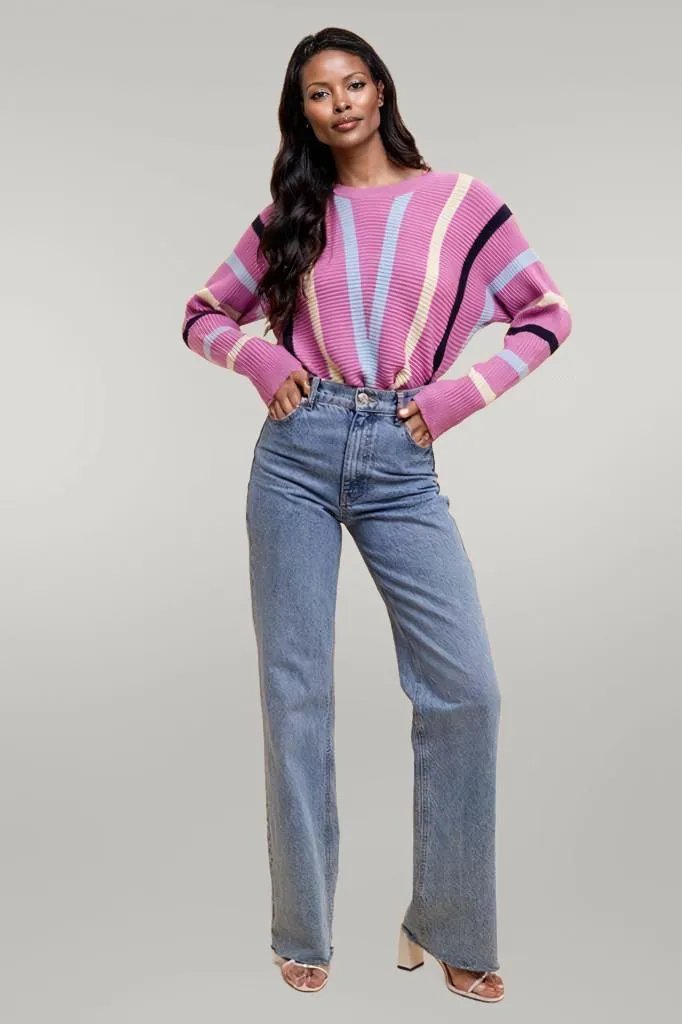 Annie Wear Chevron Stripe Round Neck Ribbed Sweater