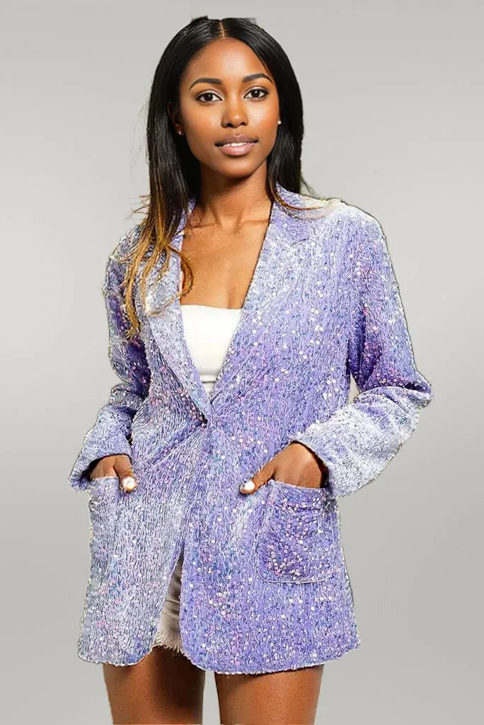 BiBi Velvet Sequins Patch Pockets Single Blazer