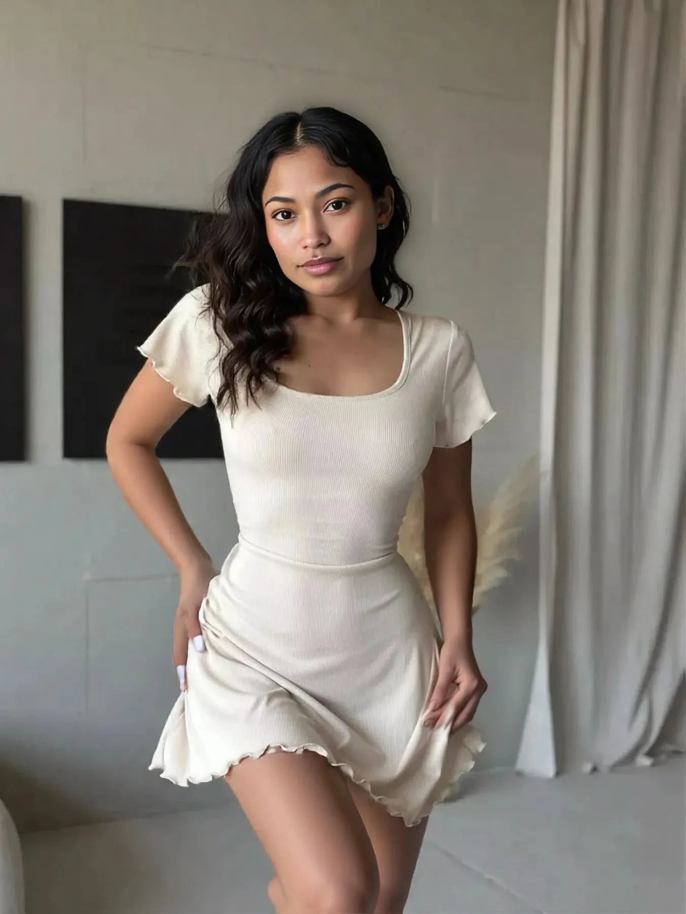 Ribbed Back Lace Up Short Sleeve Mini Dress