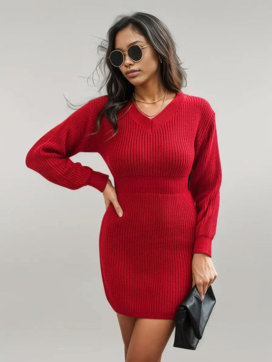 Rib-Knit V-Neck Sweater Dress