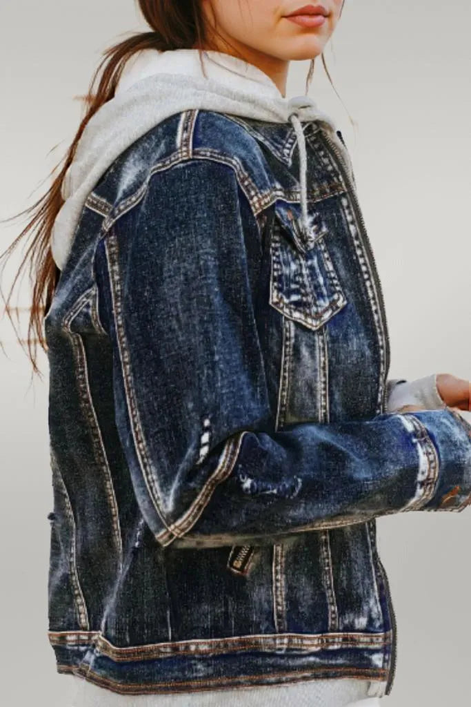 Two-Piece Hooded Zip-Up Denim Jacket