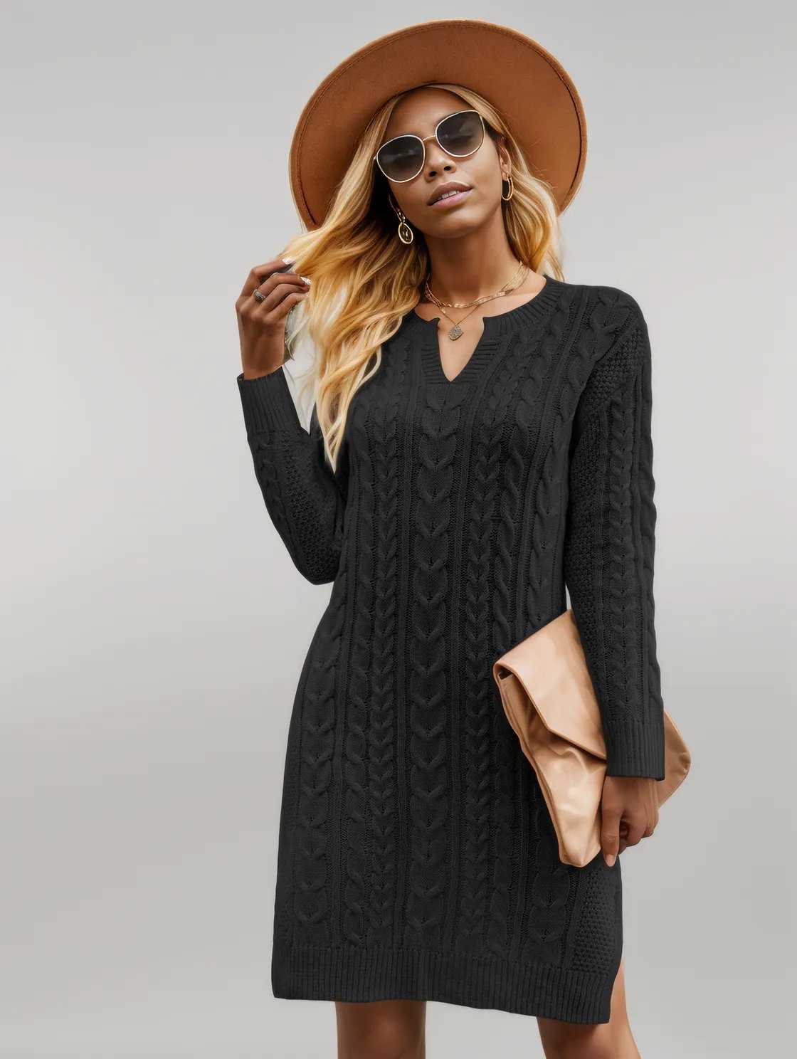 Notched Neck Cable-Knit Slit Sweater Dress Black