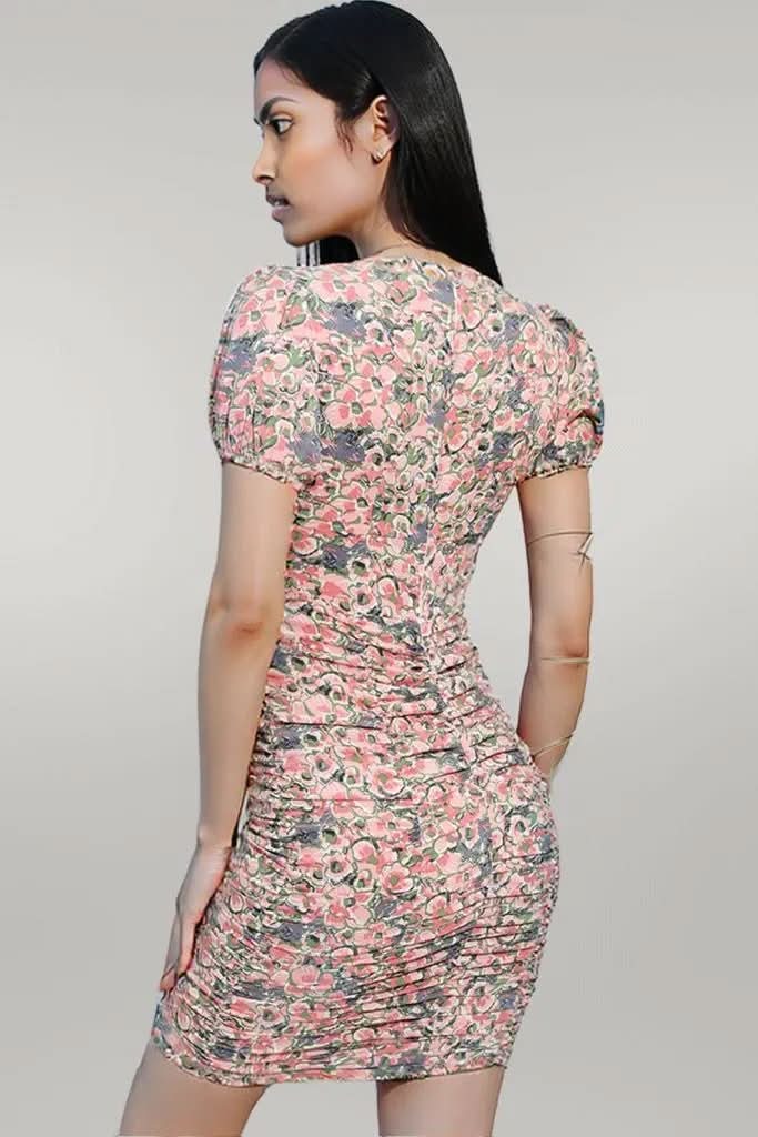 Floral Puff Sleeve Ruched Plunge Dress