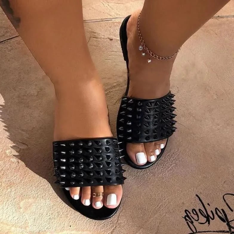 Spikey Open Toe Flats Sandals Black