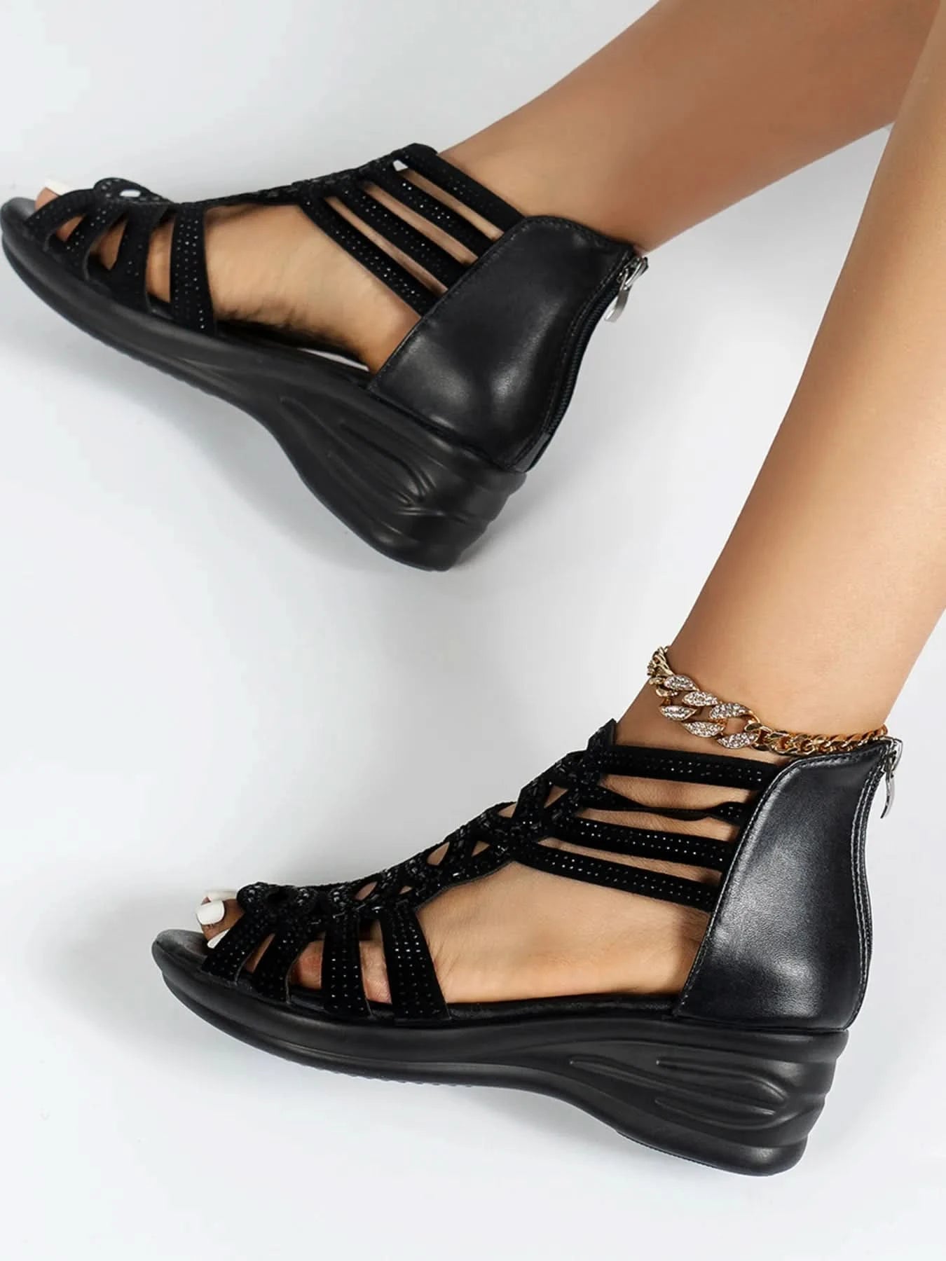 Strappy Wedge Sandals with Rhinestone Details