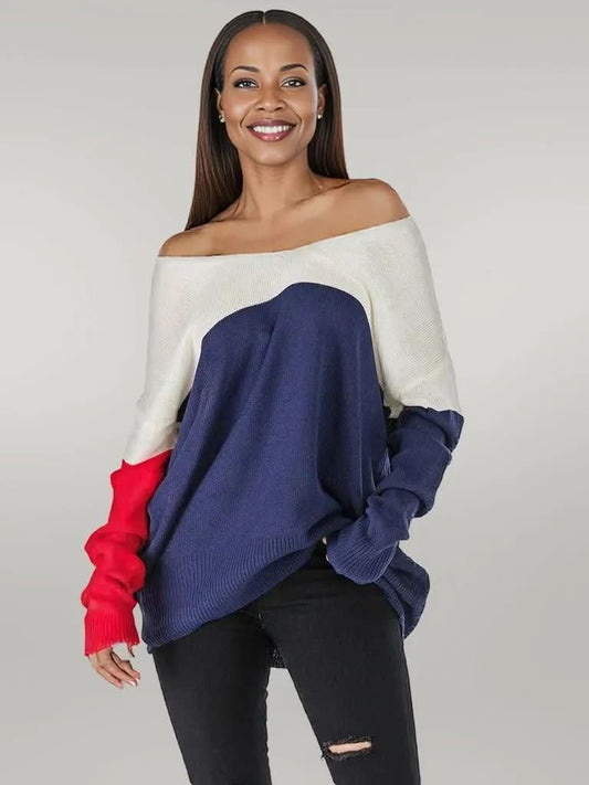 Perfee Contrast V-Neck Long Sleeve Knit Top Dark Blue